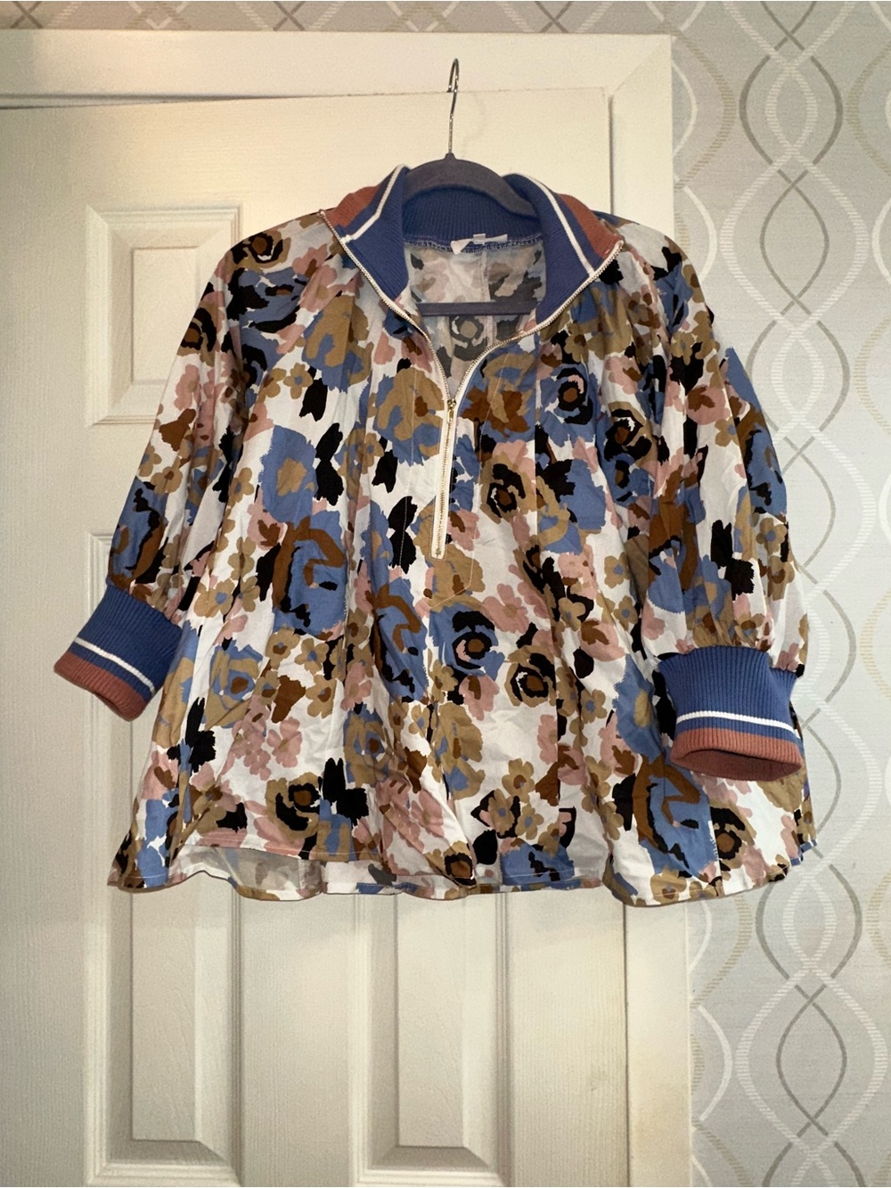 Floral Half-Zip Pullover Top - Blue, Pink & Brown NWOT